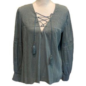 Chloe Oliver Blue Boho Top Smocked Accents NWT